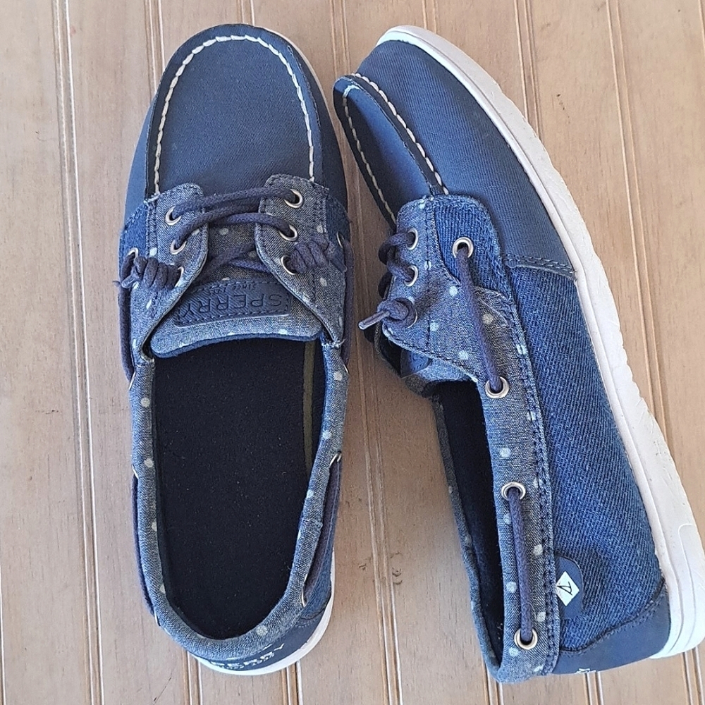 Sperry Kids Shoresider 3 Eye Boat Shoe Denim Polka Dot Blue Canvas Top Slider